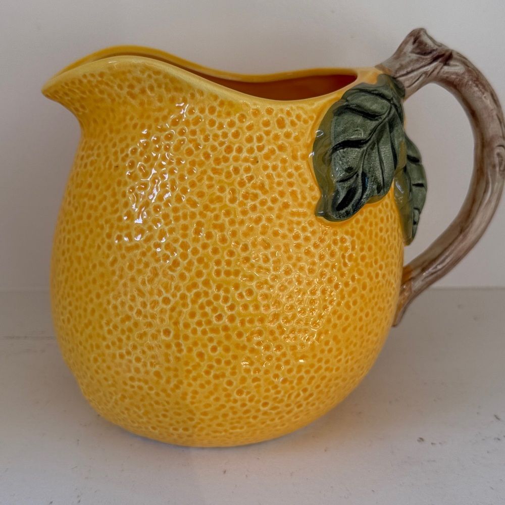 LEMON PITCHER CERAMIC YELLOW GREEN BROWN HOME